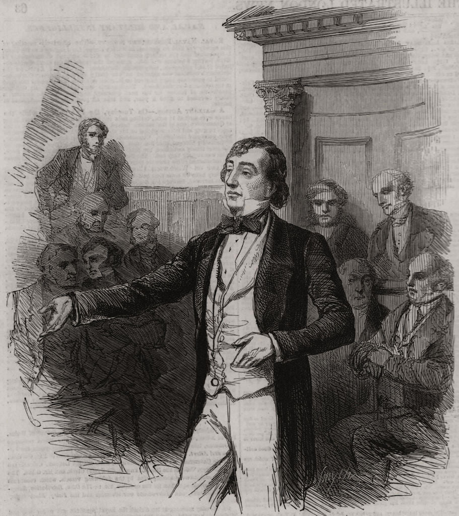 Buckinghamshire election. Disraeli speaking in the County Hall, Aylesbury 1852